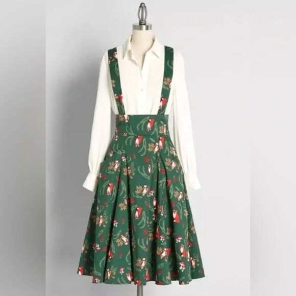 Modcloth x Collectif Whimsical Winter Forest Fox Overall Jumper Dress Skirt 8 M - Picture 1 of 6